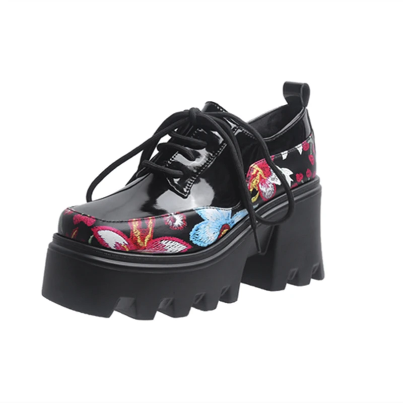 

Туфли-лодочки на танкетке 9 см, водонепроницаемые дышащие, с вышивкой, на шнуровке, с цветочной вышивкой, в стиле панк, полиуретановая подошв...