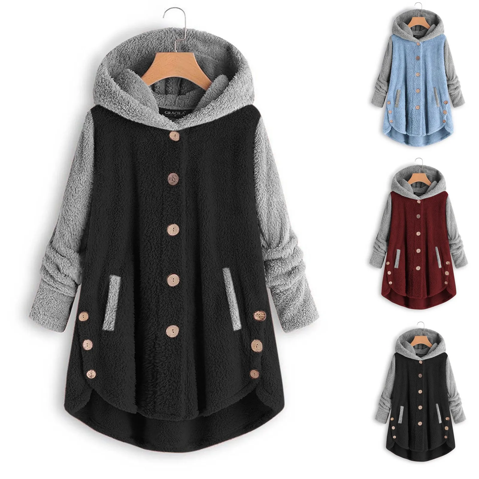 2023 casacos de inverno feminino para o estilo de moda botão de pelúcia irregular cor quente casaco de lã com capuz inverno frio feminino