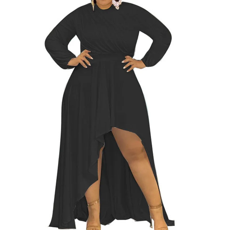 Solid Round Neck Plus Size Spring Autumn Clothes for Women Pleated Patchwork Ruffles Long Sleeve Casual Irregular Maxi Dresses