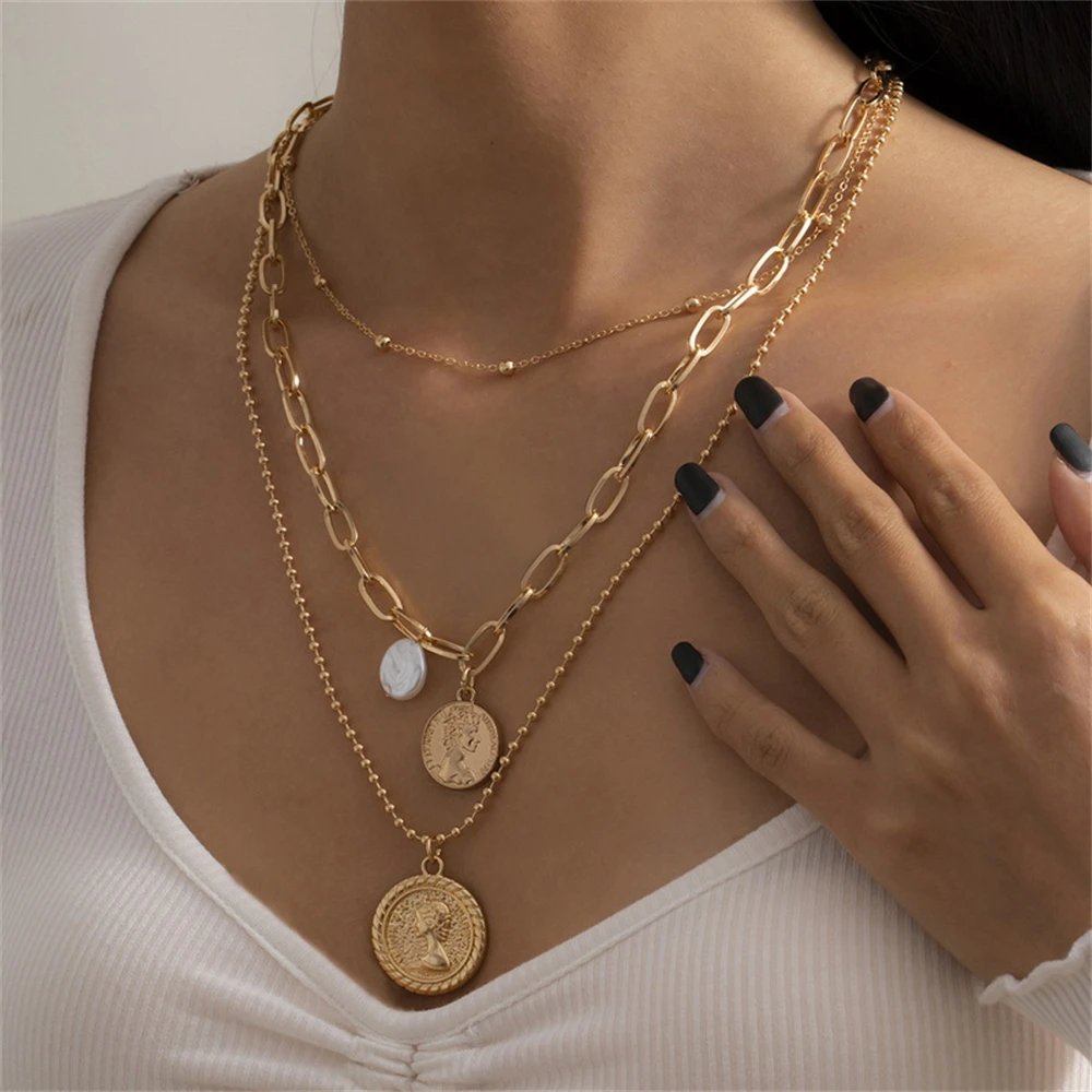 

Goth Baroque Pearl Coin Portrait Pendant Necklaces for Women Vintage Multi Layer Chain Choker Necklace Punk Aesthetic Jewelry