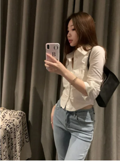 

Shirts Women Folds Slim Fit Crop Tops Daily Design White Pure Korean Style Fashion Casual Office Lady All-match Tender Spring