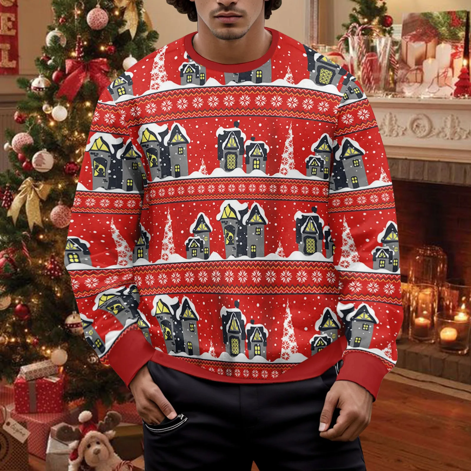 

Male Christmas Funny Design Long Sleeve Sweatshirt With Partial Print Basic Pullover Top European Style Hoodie