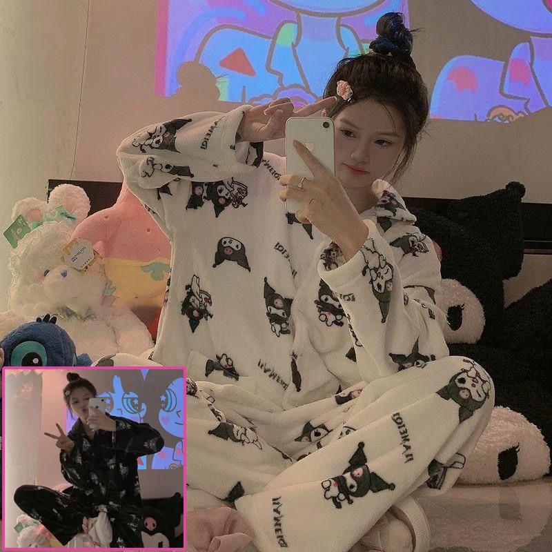

Kuromi couple models pajamas Sanrios Autumn winter Anime flannel Kawaii cartoon man thicken Fleece Tracksuit set