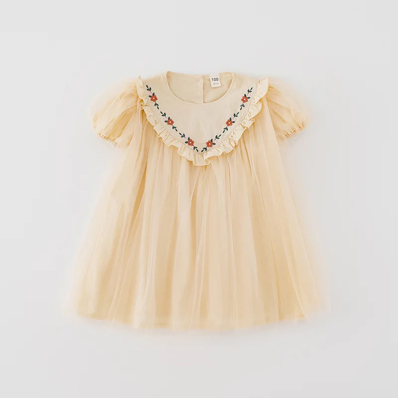 

Корейская детская одежда, милое платье принцессы для девочек с цветочной вышивкой, летнее Сетчатое платье для девочек с рукавами-фонариками, 2023