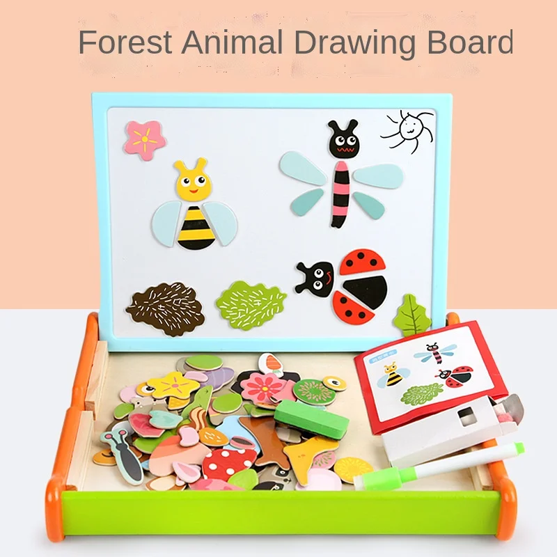 

2022 New Wooden Magnetic Puzzle Educational Toys for Children Wood Easel Childish Forest Animal Jigsaw Drawing Board