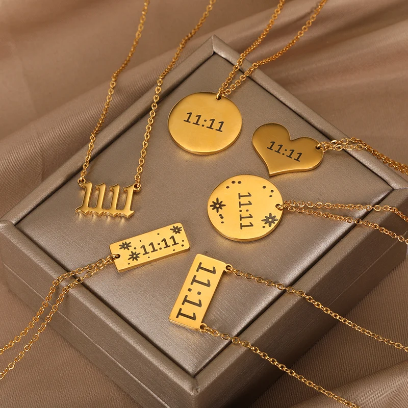 

Trendy Angel Number 1111 Necklaces Pendant For Women Stainless Steel Gold Color Round Love Heart Shape Necklaces Choker collares