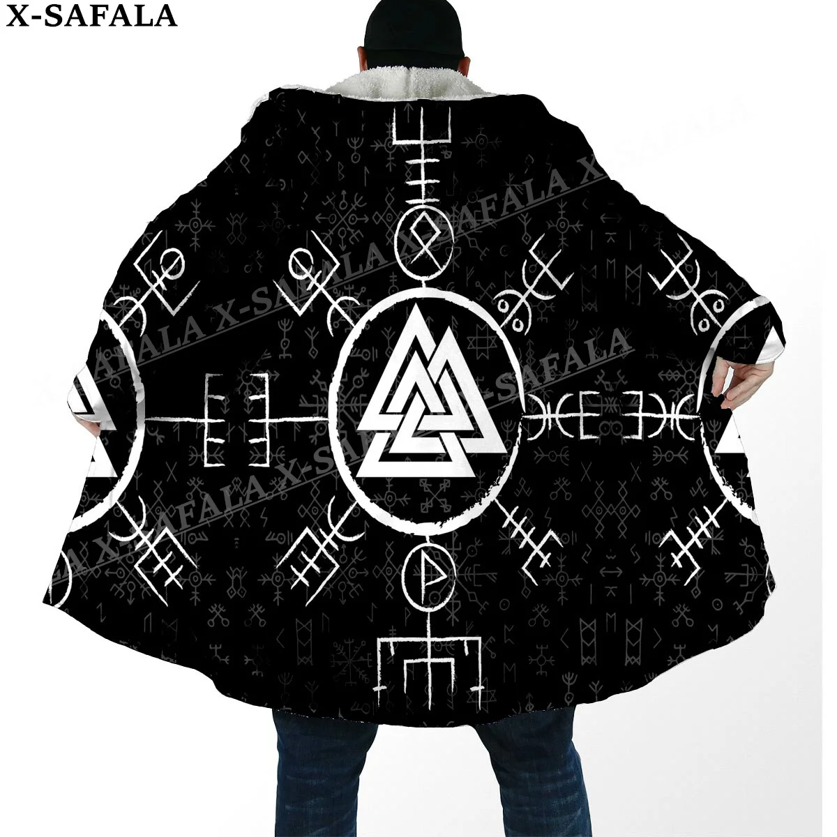 Мужская ветрозащитная плащ с капюшоном Толстая теплая в стиле викингов рисунком