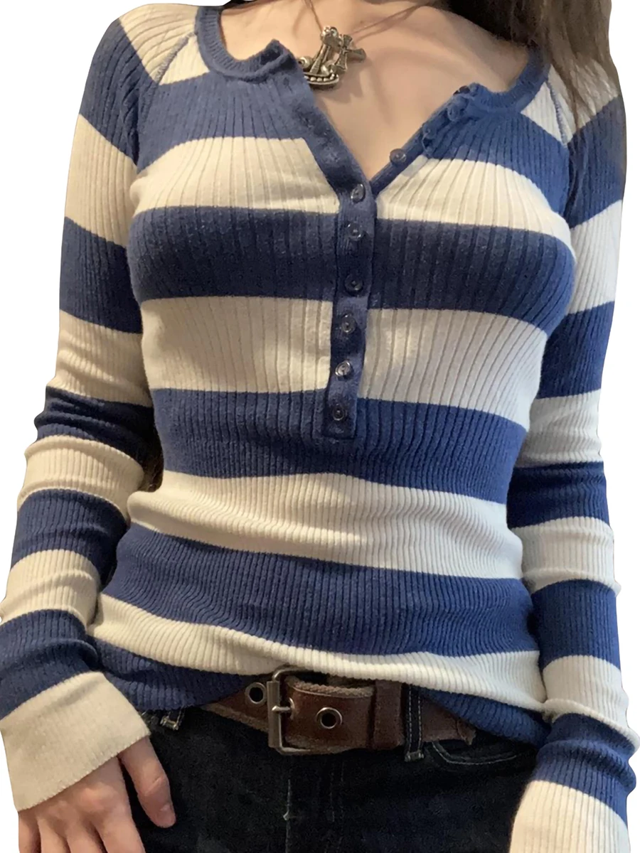 

Women Y2K Long Sleeve Top Knitted Striped Tee Shirt Slim Fit Sweatshirt Aesthetic Pullover Sweater Tops Streewear