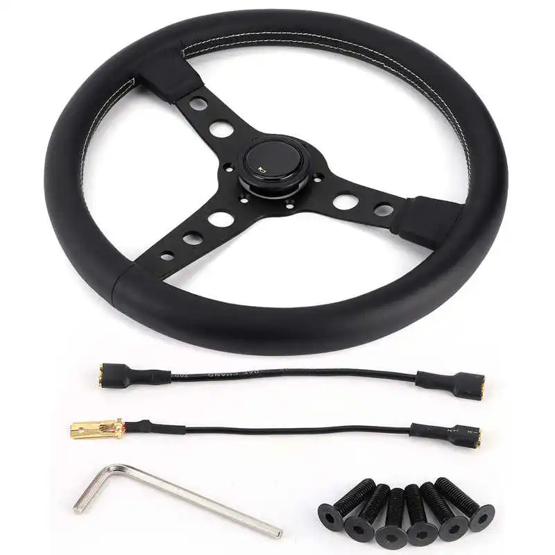 

350mm/14in Racing Car Steering Wheel for MOMO Prototipo Style 6-Bolt Black Leather Gray Stitching with Horn Button Accessories