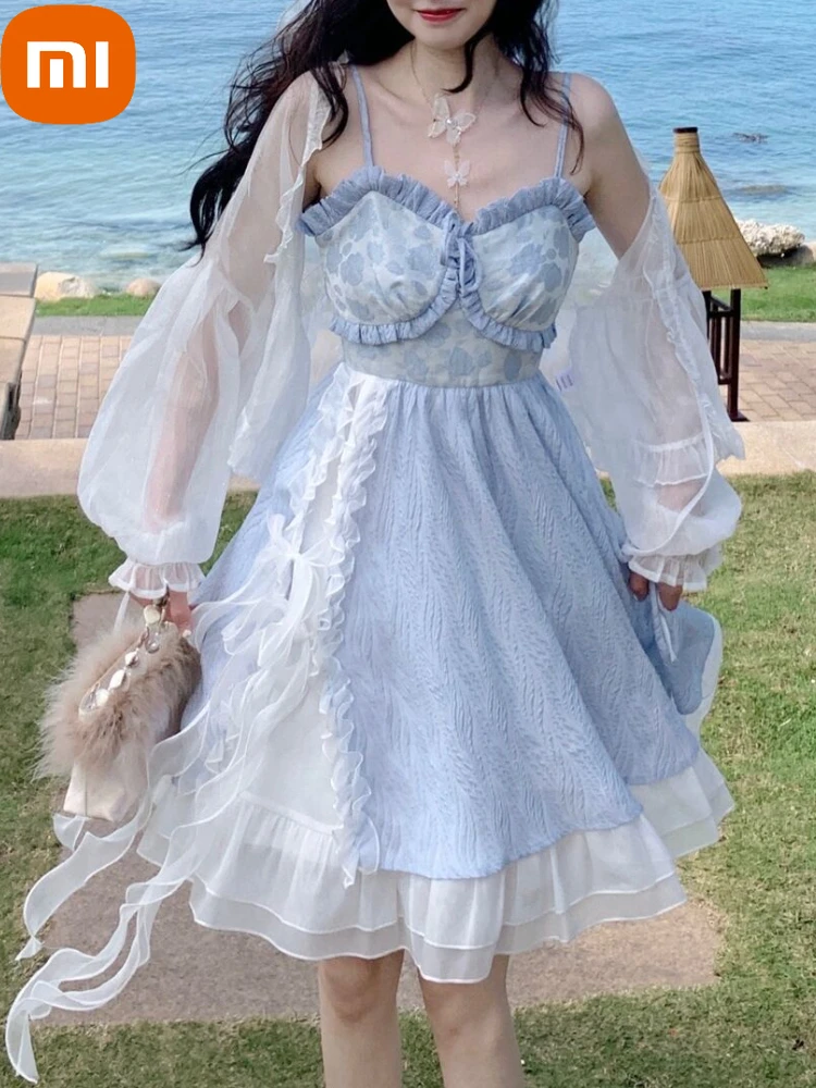 

XIAOMI Elegant Blue Sexy Dress Women Fairy Party Mini Dress Female Designer Chic Holiday Korean Fashion Casual Strap Dress