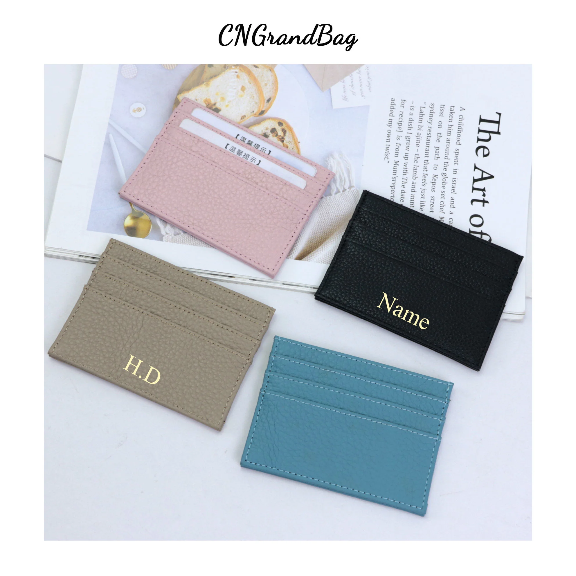 Free  Custom Initial Letters Case 100% Cow Leather Pebble Pattern Credit Card Holder Slim Wallet Men Women Pocket Card Wallet