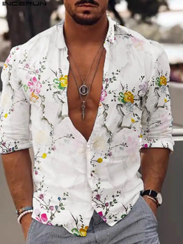 

INCERUN Men Shirt Flower Printing Lapel Long Sleeve 2022 Button Leisure Camisas Streetwear Fashion Casual Men Clothing S-3XL
