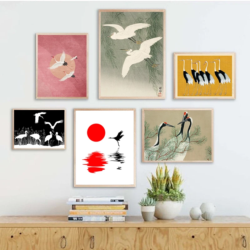 Летающие краны Розовое Небо и солнце Художественная печать птицы плакат