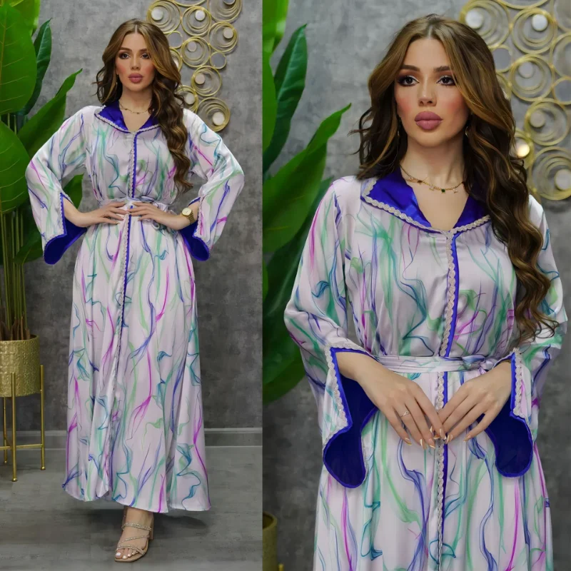 Ramadan Muslim Print Party Long Dresses for Women Abaya Dubai Kaftan Maxi Dress Islam Clothing Robe Musulman Djellaba Femme 2023