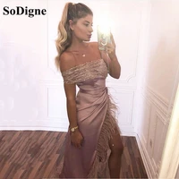 sodigne fashion feathers prom dresses pink high side split evening dress custom made sequin arabic formal party gowns
