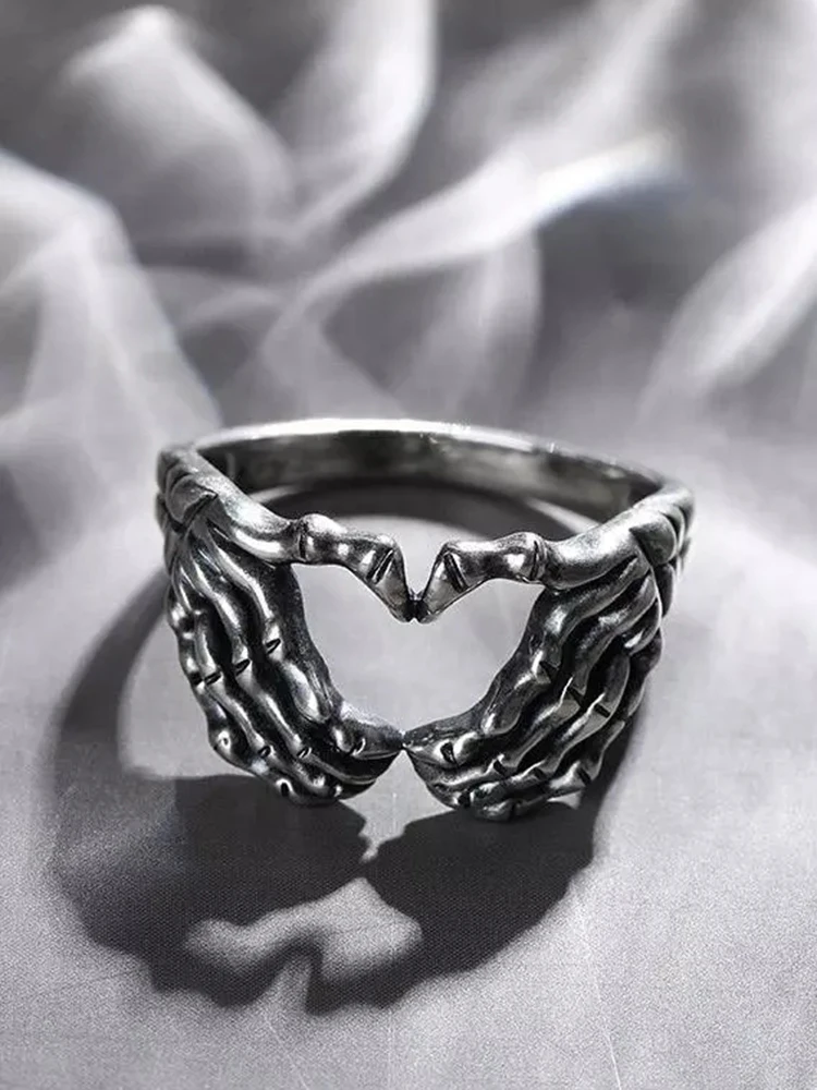 Панк готический скелет руки Сердце кольца для мужчин женщин винтажные хип-хоп