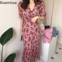 koamissa vintage women sweet floral dress short sleeves v neck chic korean dresses female summer lady flower bodycon vestidos