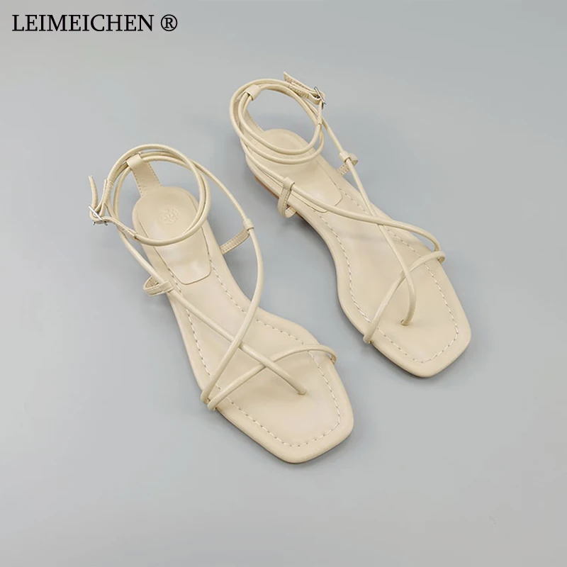 

LEIMEICHEN 2022 New Spring Summer Fashion Genuine Leather Thin Belt Straps Flat Sandals Women Solid Simple Casual Shoes Female