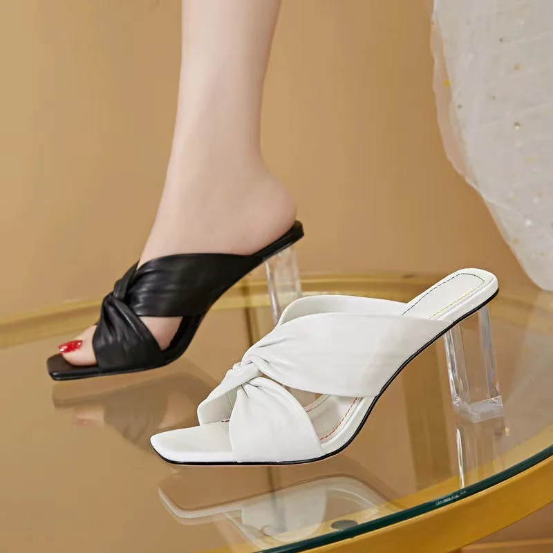 

2022 NEW Glitter Gold Silver Mules Clear Thick High Heels Slippers Women Shoes Summer Cross-tied Slides Pumps Sandals