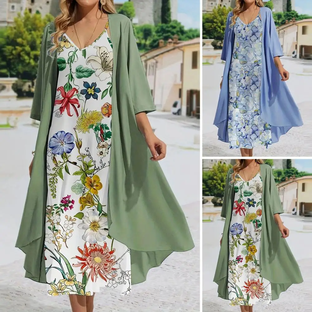 

Maxi Dress for Women Print Vintage Fake Two Piece Cardigan Dress Elegant Chic Ladies 2023 Spring Summer Harajuku Casual Dresses