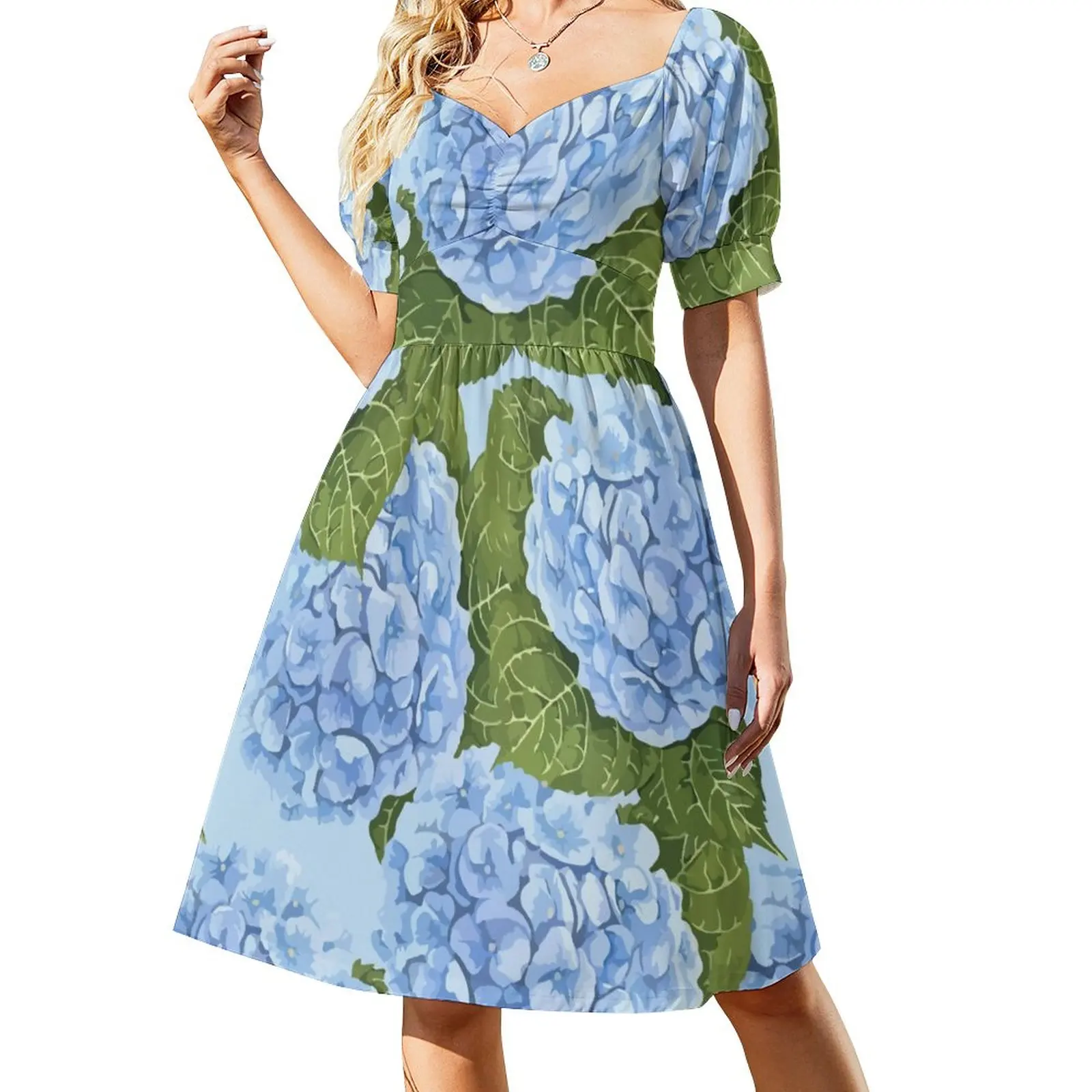 Синее платье гортензии ретро платья женская уличная одежда с коротким рукавом