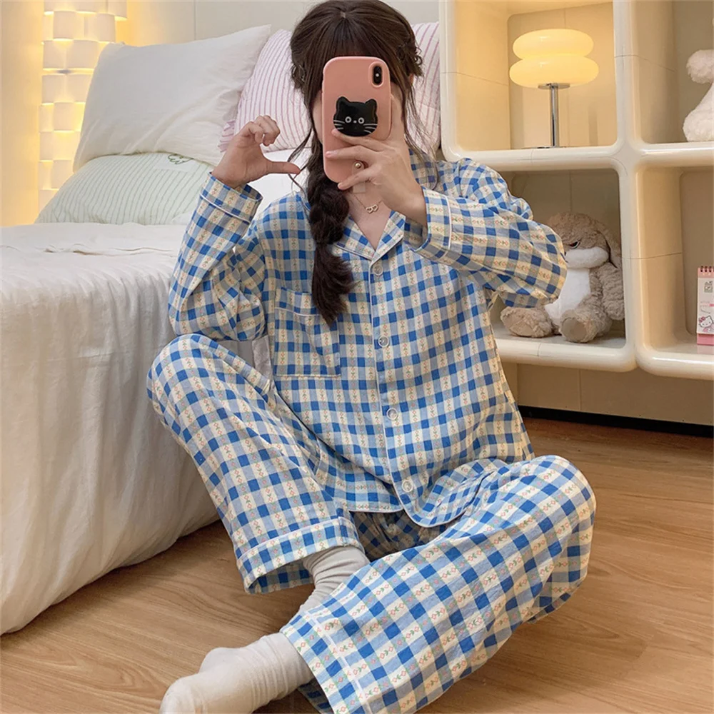 Женский пижамный комплект осенняя синяя клетчатая одежда для сна пижамы с