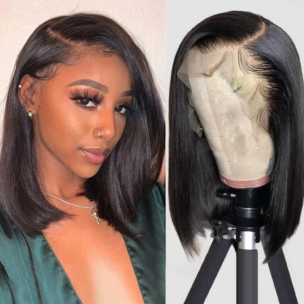 

Human Hair Lace Frontal Wig 13x4 Transparent Lace Wig Bob Pre Plucked Bleached Knots 180% Brazilian Straight Human Hair Lace Wig