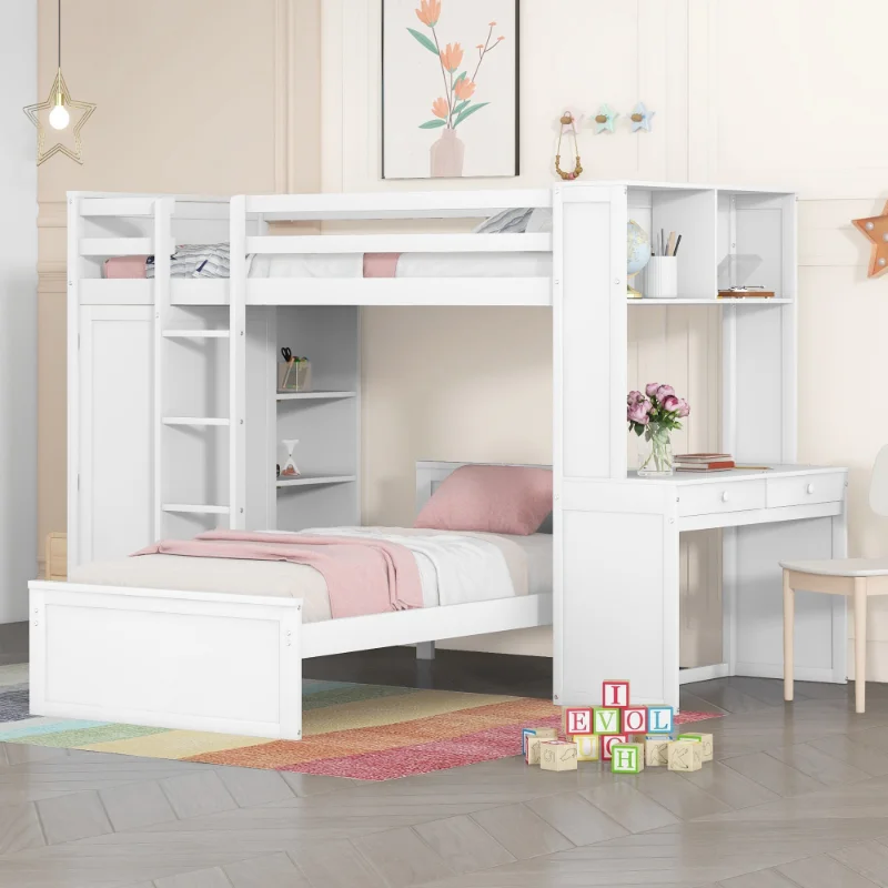

[Flash Deal]Double Loft Bed with Separate Bed Bookshelf Desk and White Wardrobe Solid Structure Healthy and Comfortable