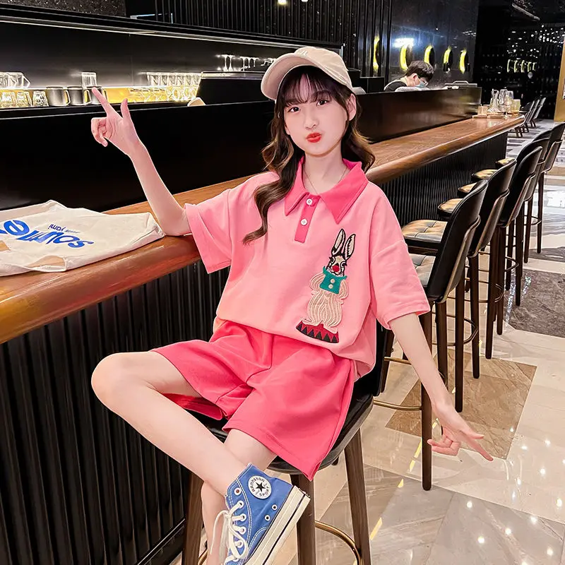 Girls' Summer Clothing Fashionable Suit Children's Western Style 2022 New Teenager Clothing Sports Summer Cartoon Two Piece Set