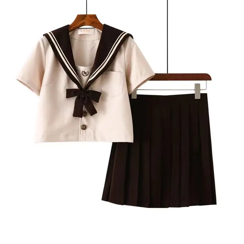 

Japanese Jk Uniform Student Girl School Outfit Milk Tea Navy Feng Sailor Suit College Style Long-sleeved Jk Pleated Skirt Set