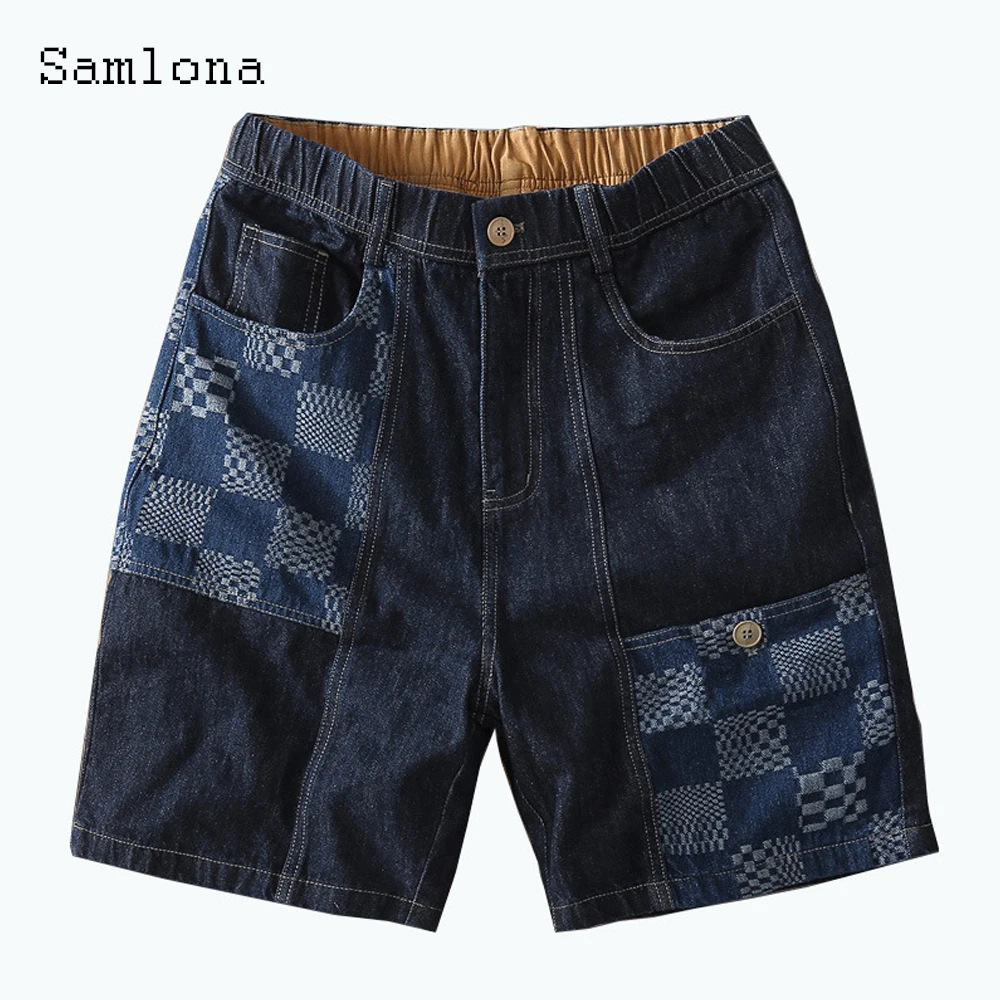 Plus Size 4XL Men Street Plaid Demin Shorts Fashion Zipper Pocket Shorts Jeans Casual All-match Bottom Mens Patchwork Half Pants