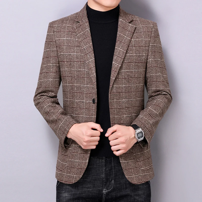 2023 Men Business Casual Suit Jackets Camel Navy Blue Plaid Wool Blazers Male Notched Collar Single Breasted Outfits Garment