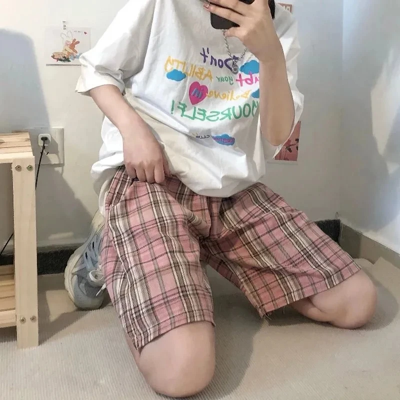 

summer Female Harajuku pink plaid shorts loose wide-leg casual fashion Sweatpants dropshipping size punk women's clothes vintage