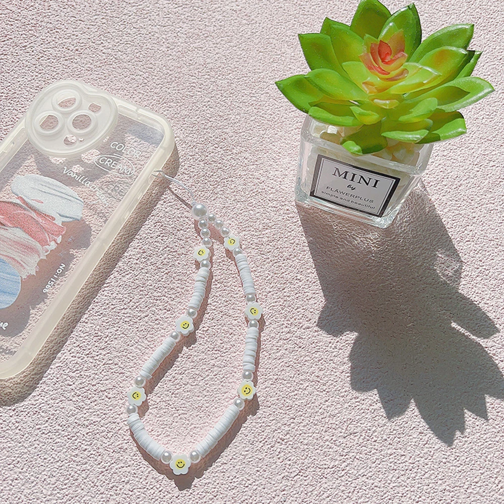 

Fashion Pearl Soft Pottery Piece Flowers Beaded Mobile Phone Chain Women Wrist Charm Cell Phone Pendant Telephone Jewelry Gift