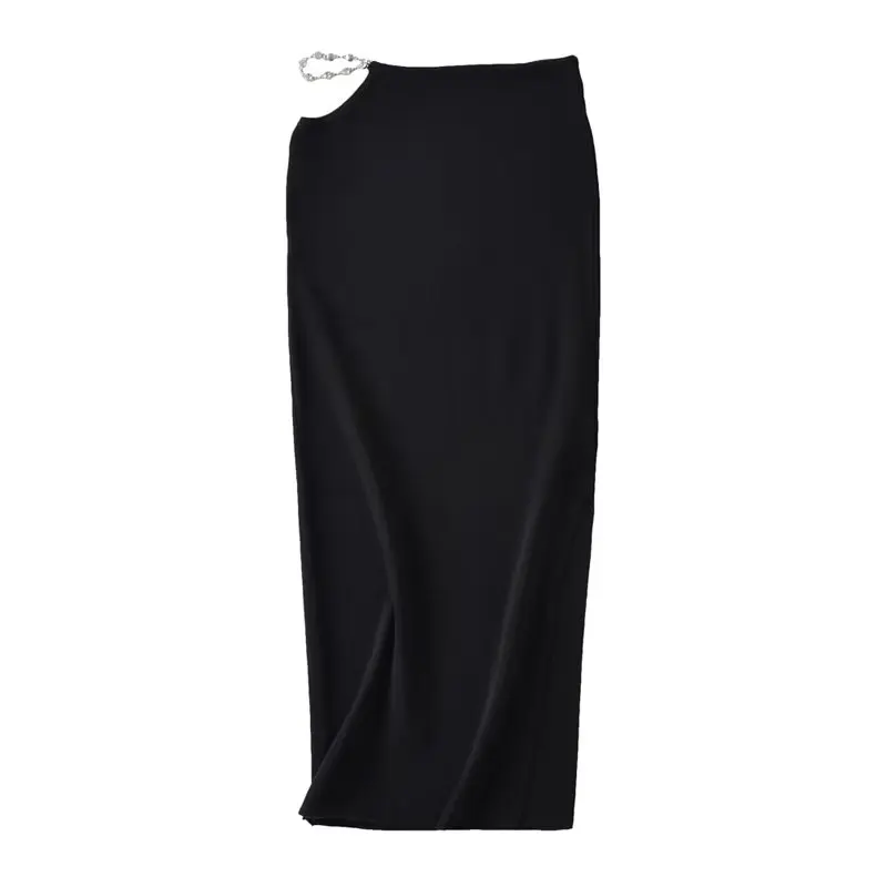 

Женская трикотажная юбка средней длины, универсальная облегающая черная юбка средней длины с разрезом и цепочкой с бриллиантами, в европейском и американском стиле, весна-лето 2023