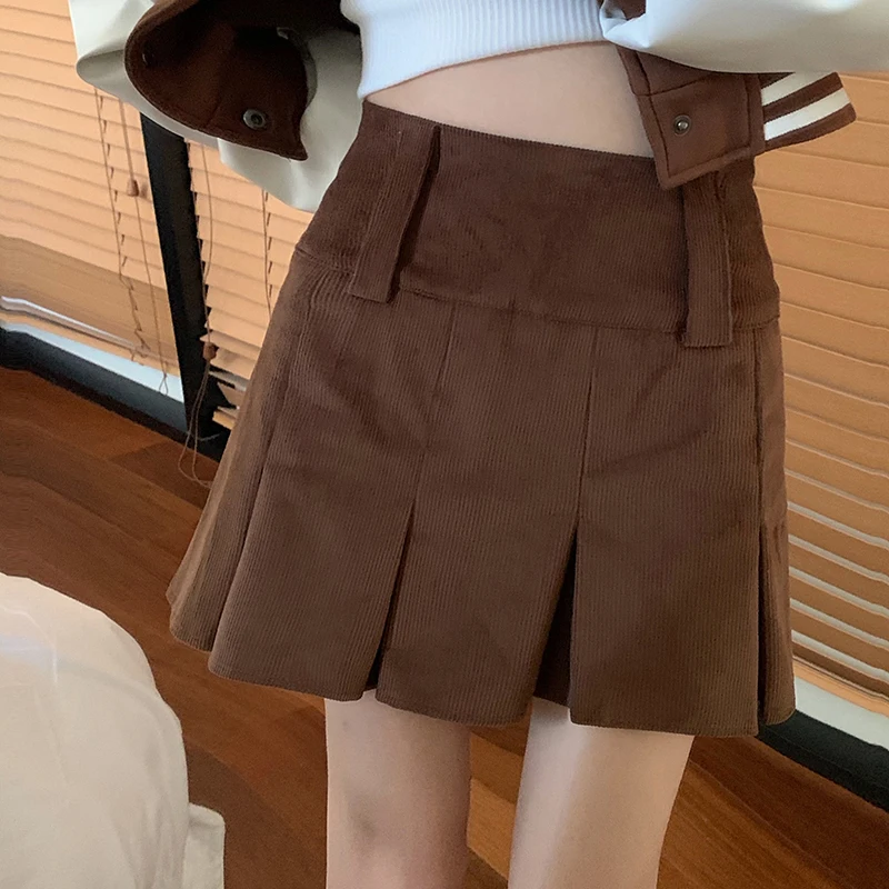 

Brown Pleated Mini Skirts Women Irregular Sexy Bodycorn Skirt Corduroy Slim Elegant A-Line Vintage Office Lady Shorts Skirt M712