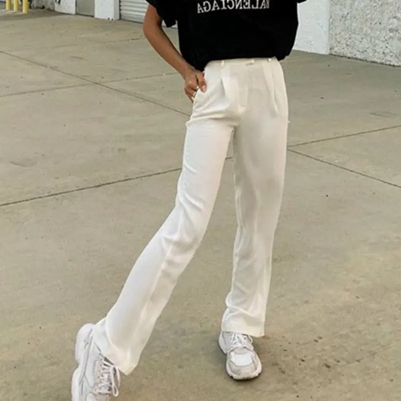 

Women Streetwear Casual Solid White High Waist Long Pants 2021 Wide Leg Spring Fall Female High Waist Vintage Trousers Fashion