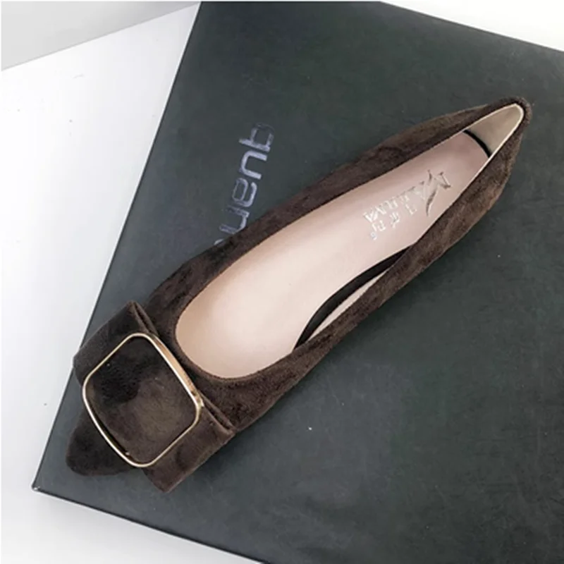 Woman Belt Buckle Flats Shallow Mouth Mocasines For Narrow Feet 32-48 22cm Brown Pink Red Flock Shoes No Heels Soft Sole Ballet