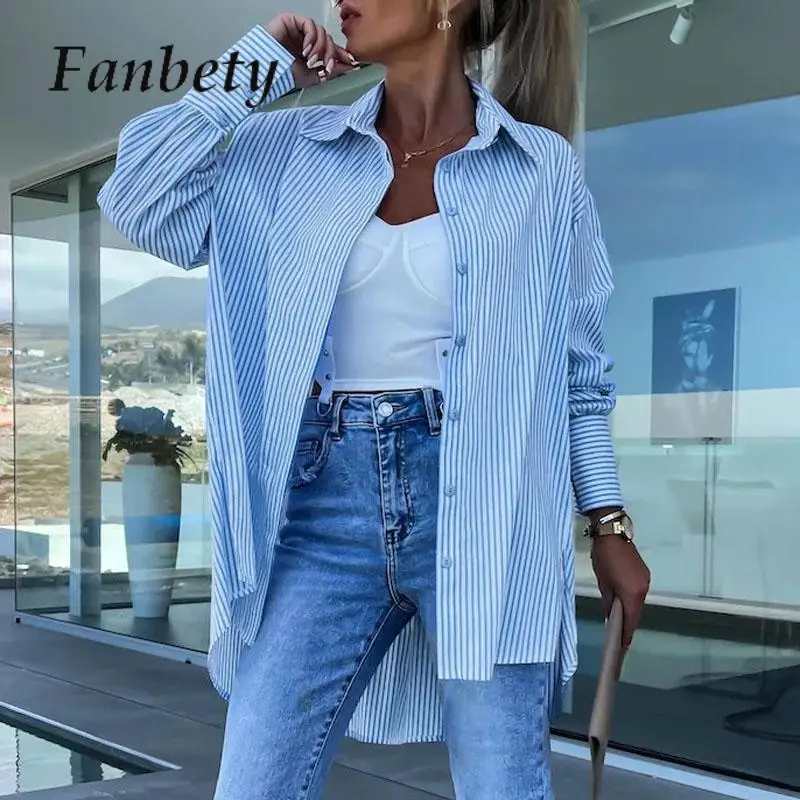 

Office Fashion Long Sleeve Tops Blusas Sexy Women Striped Single-breasted Button Shirts Female Turn-down Collar Loose Blouse