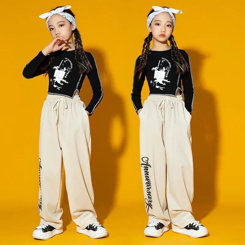 

Girls Hip Hop Dance Costume Long Sleeve Black Sweatshirt Child Streetwear Clothes Jazz Dancewear Ballroom Street Dancewear