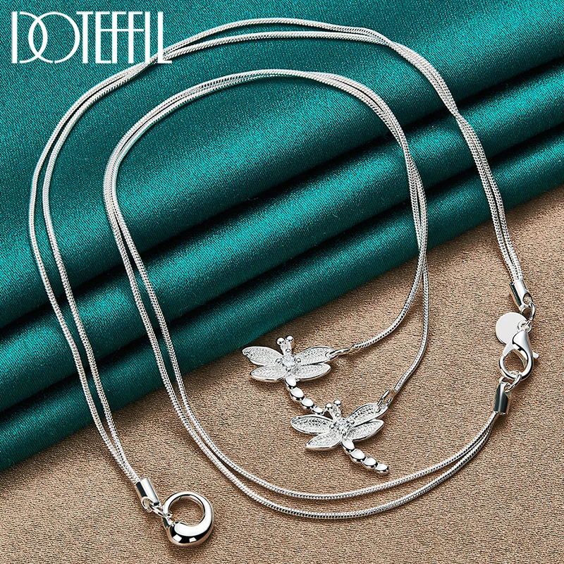 

DOTEFFIL 925 Sterling Silver Two Dragonfly inlay AAA Zircon Pendant Necklace Snake Chain For Woman Wedding Engagement Jewelry