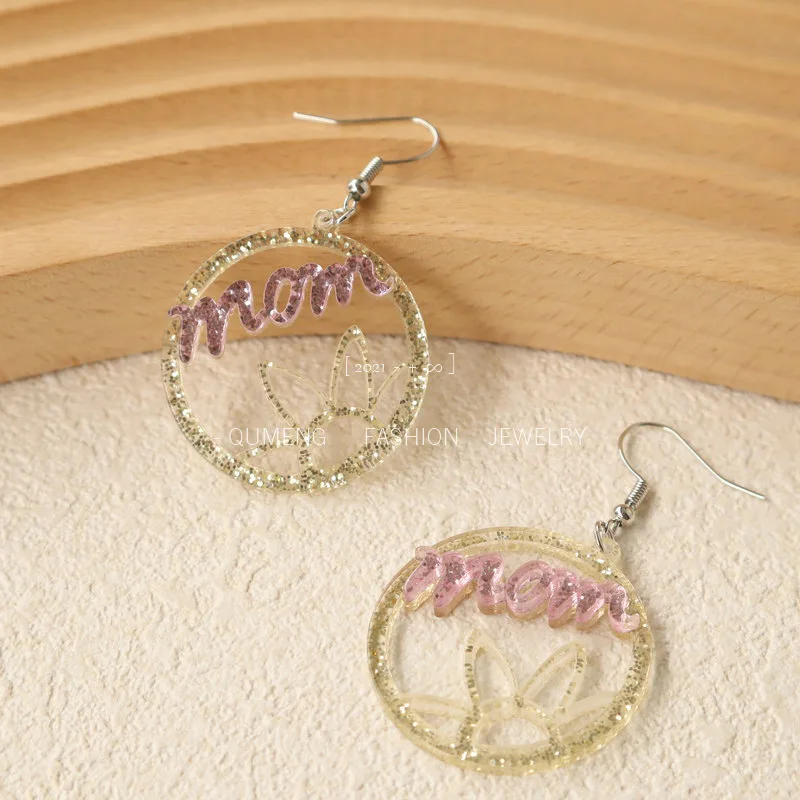 

New Mother's Day Personalized Earrings MOM Acrylic Sparkling Pink Earrings Cute Flower Gift Women's Earrings Gift for Her
