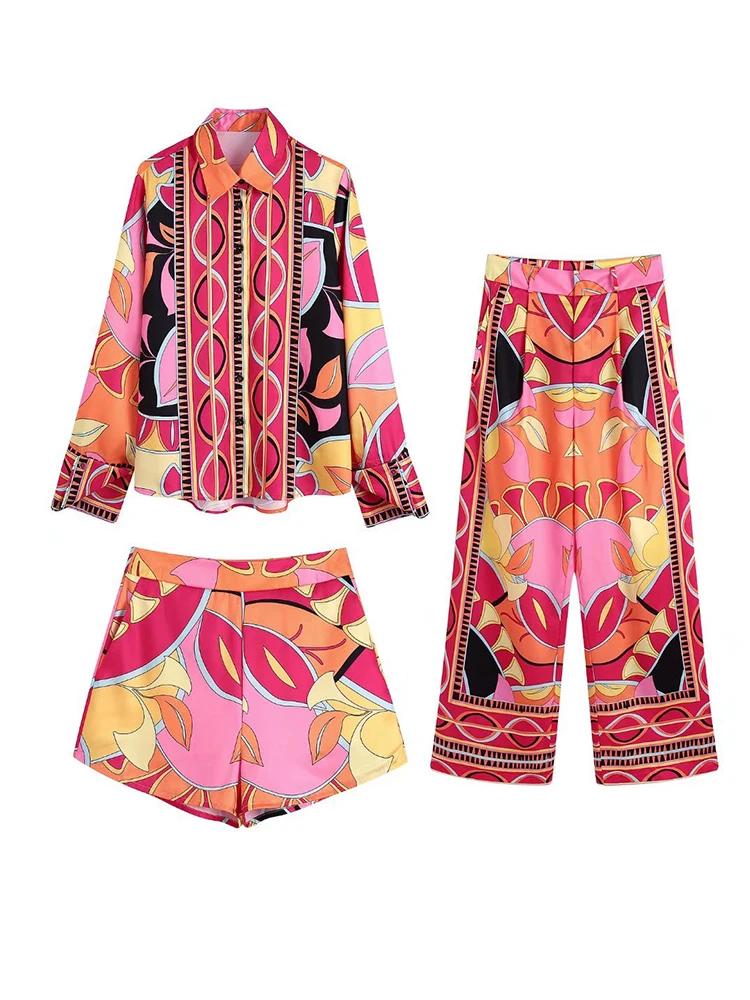 

2022 Summer Women Bermuda Printed Blouses+ Short + Pant Set New Turn Down Collar Long Sleeve Tops High Waist Girl Outfits 3 Pcs