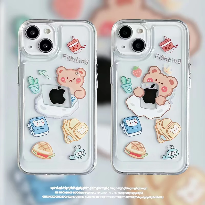 

Cute Cell phone computer bear Case for iPhone13 12 11 Pro XS Max Xr 7 8Plus 13Mini Bubble tea Bear space shell BackCover Coque
