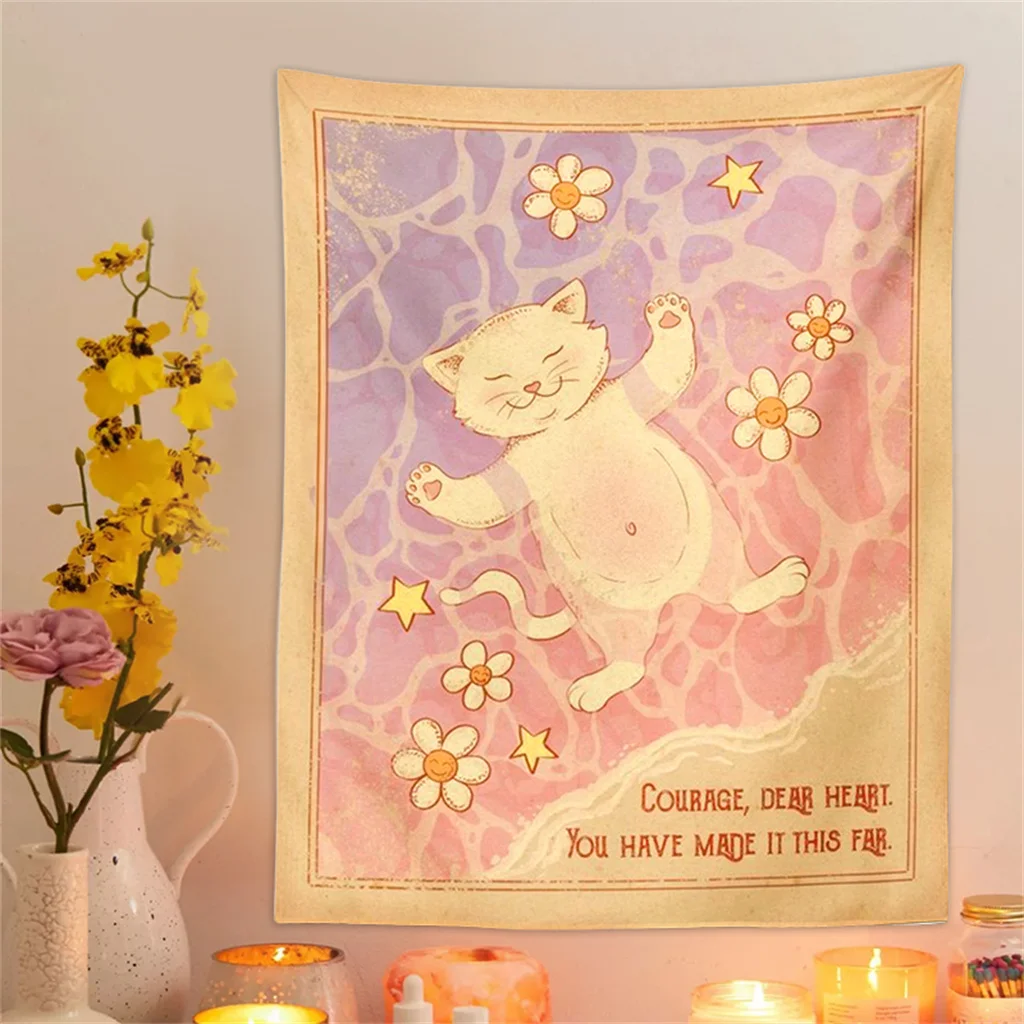 Party Cute Cat  Paw Cartoon Flower Kids Home Tapestry Wall Hanging Blanket Custom Vintage Fabric Psychedelic Bedroom Livingroom