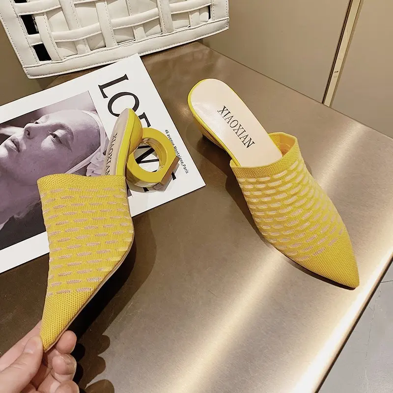 

2022 New Women Shoes Pointed Toe Comfortable Knitted Slippers Sexy 7cm Heels Ladies Mules Flip Flop Slip on Slides Plus Size 43