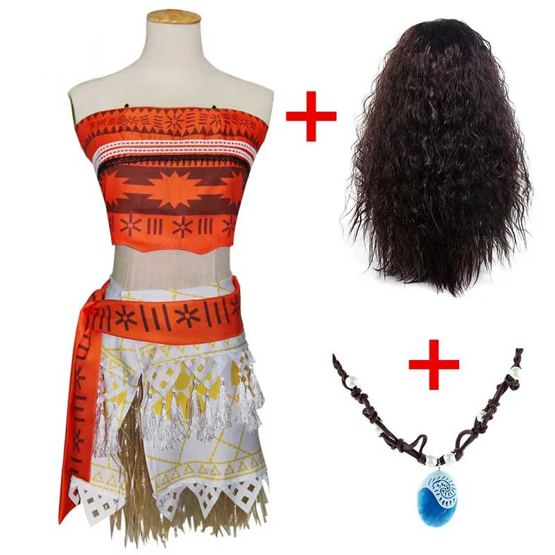 

Adult Kids Princess Vaiana Moana Costume Dresses with Necklace Wig Women Girls Halloween Party Moana Dress Costumes Cosplay