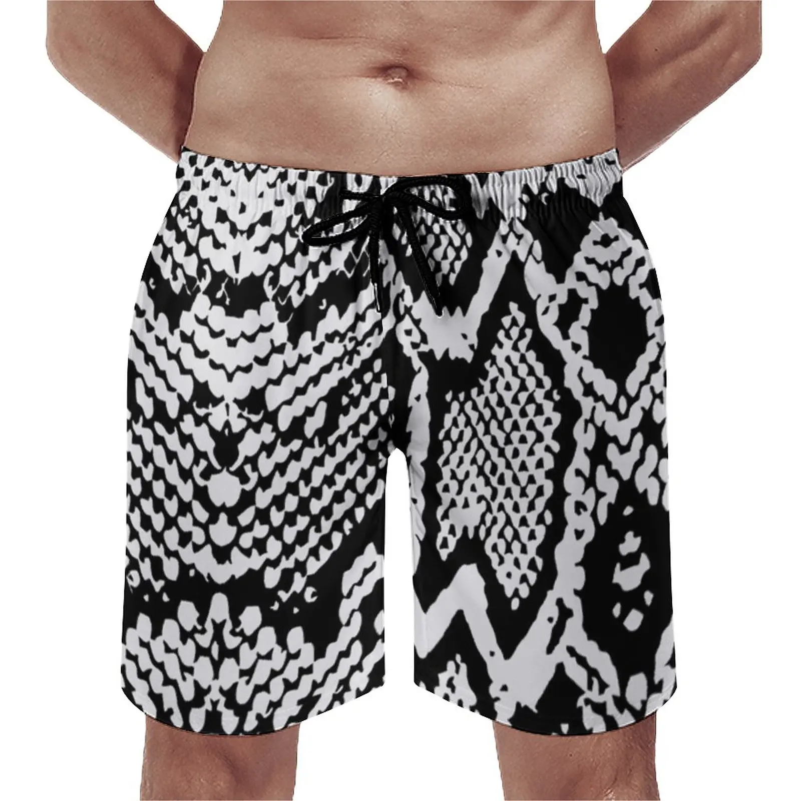 

Black White Snakeskin Board Shorts Animal Snake Skin Print Beach Short Pants Drawstring Classic Printing Swimming Trunks 3XL