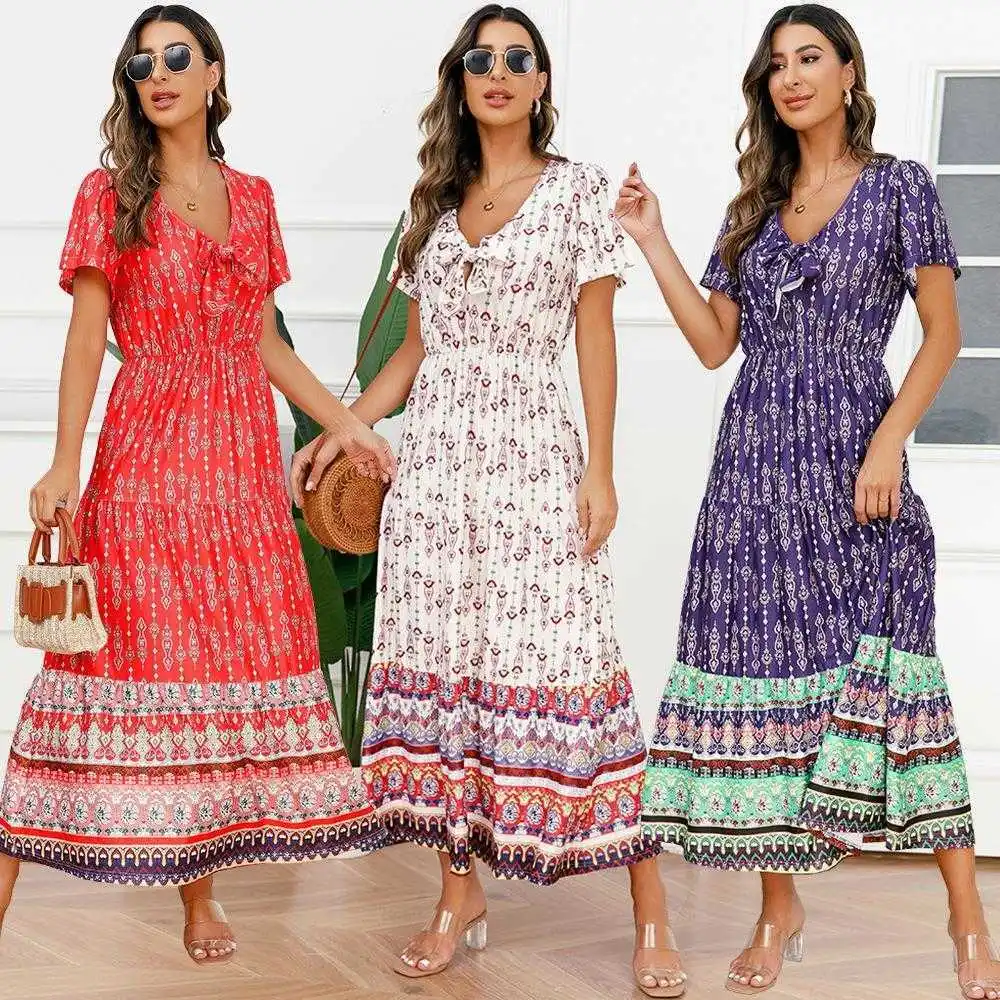 

Womens Dress Summer Bohemian Long Retro Printed Vacation Beach