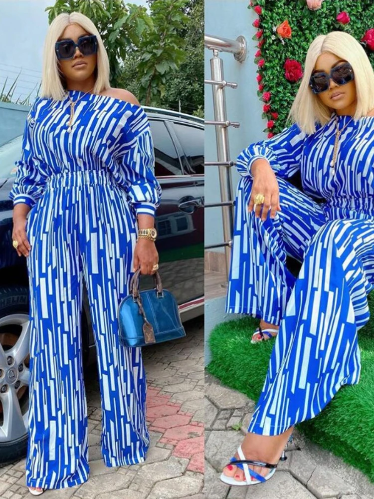 4XL Plus Size Matching Sets Women Stripe Long Sleeve T Shirts + Wide Leg Pant Suits 2 Piece Female Casual Loose Outfits 2023